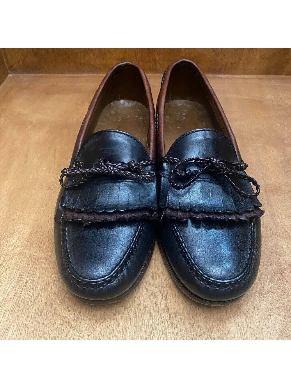 Vintage Woodstock Leather Kiltie Loafers Mens 10.5 D Black Brown Moccasin Shoes